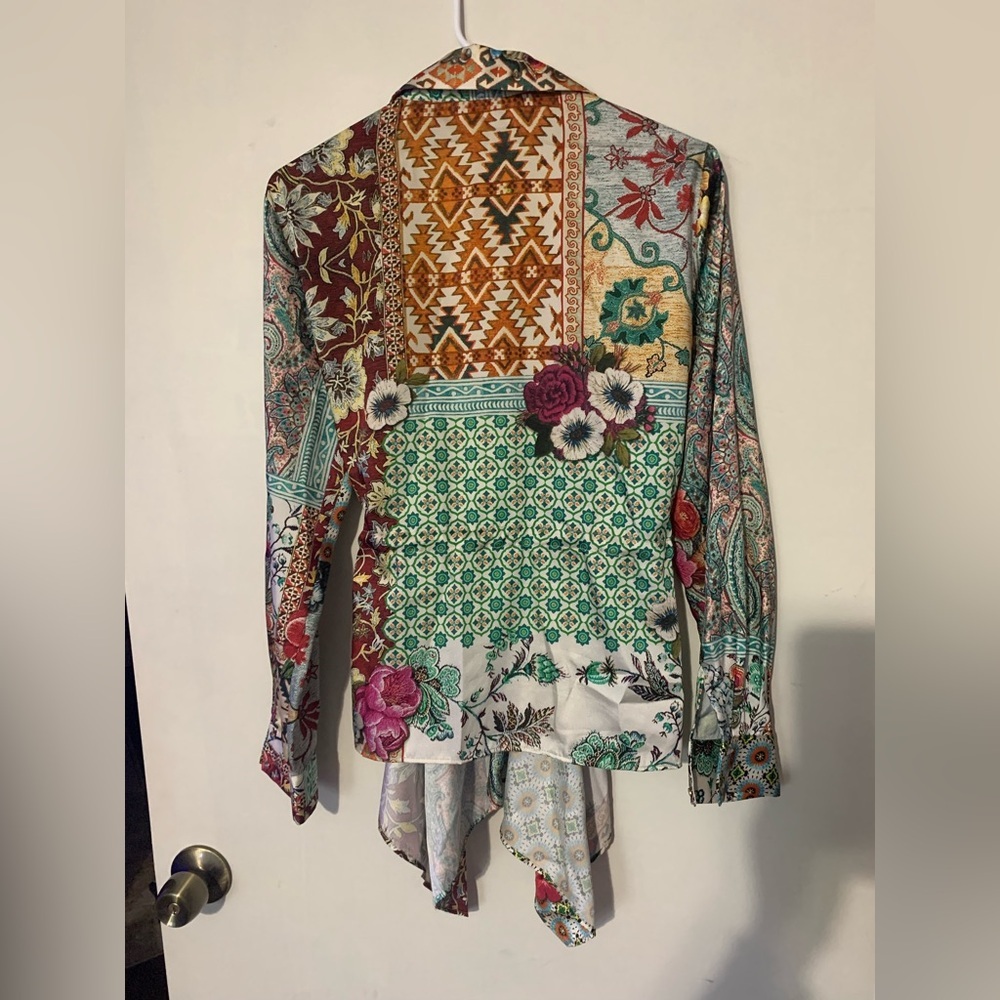 Zara Multicolor Geometric & Floral Mix Blouse in Teal, Green & Cream - Picture 2 of 4